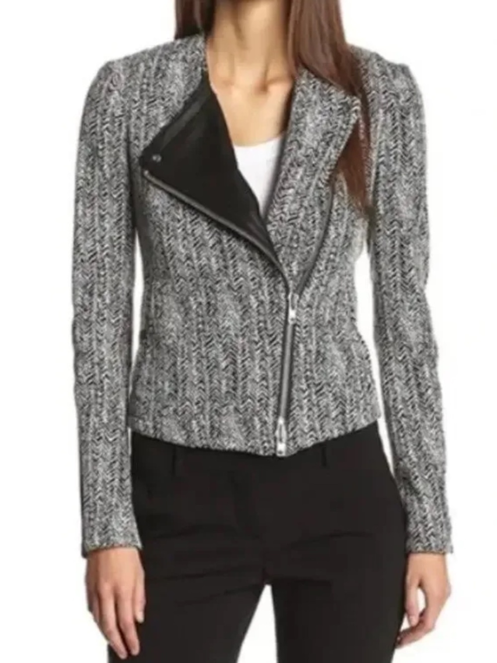 Theory Joean Herringbone Leather Trim Moto Jacket - size 10